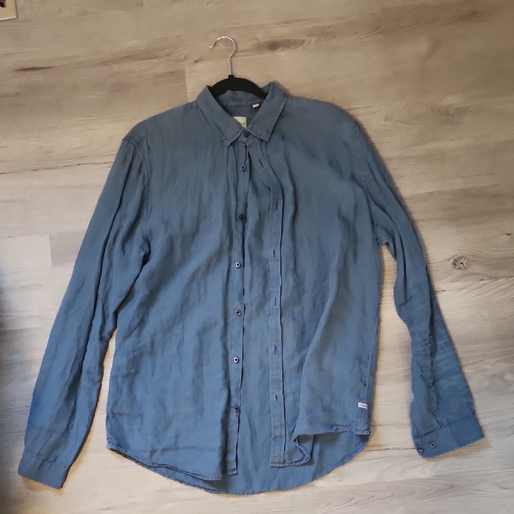 Men's Medium Blue 100% Linen Button-up Shirt